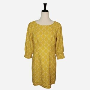 Boden Kate Mustard Yellow Pineapple 3/4 Sleeve 100% Linen Dress Size 8 Petite